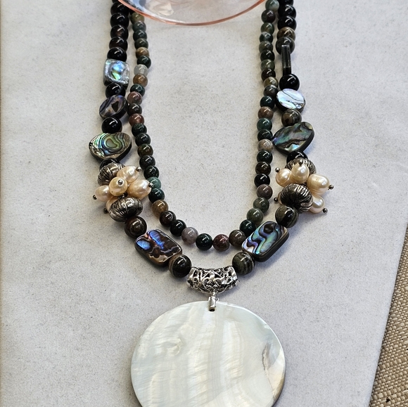 Mother of Pearl Gemstone and Abalone Bead Double-Strand Necklace with Pearls - Picture 9 of 15